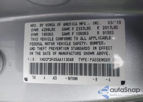 2010 Honda Accord 2.4 Lx-P from USA, damaged, VIN 1HGCP2F45AA113048